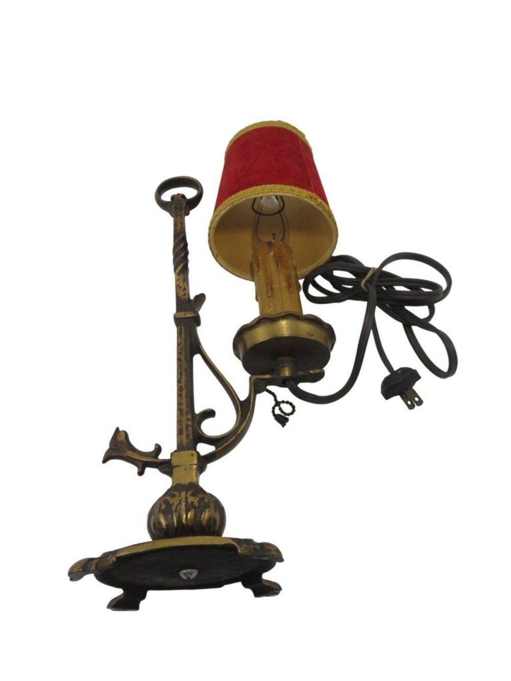 Metal Lamp with Red Velvet Shade & Pull Chain Vintage 13"